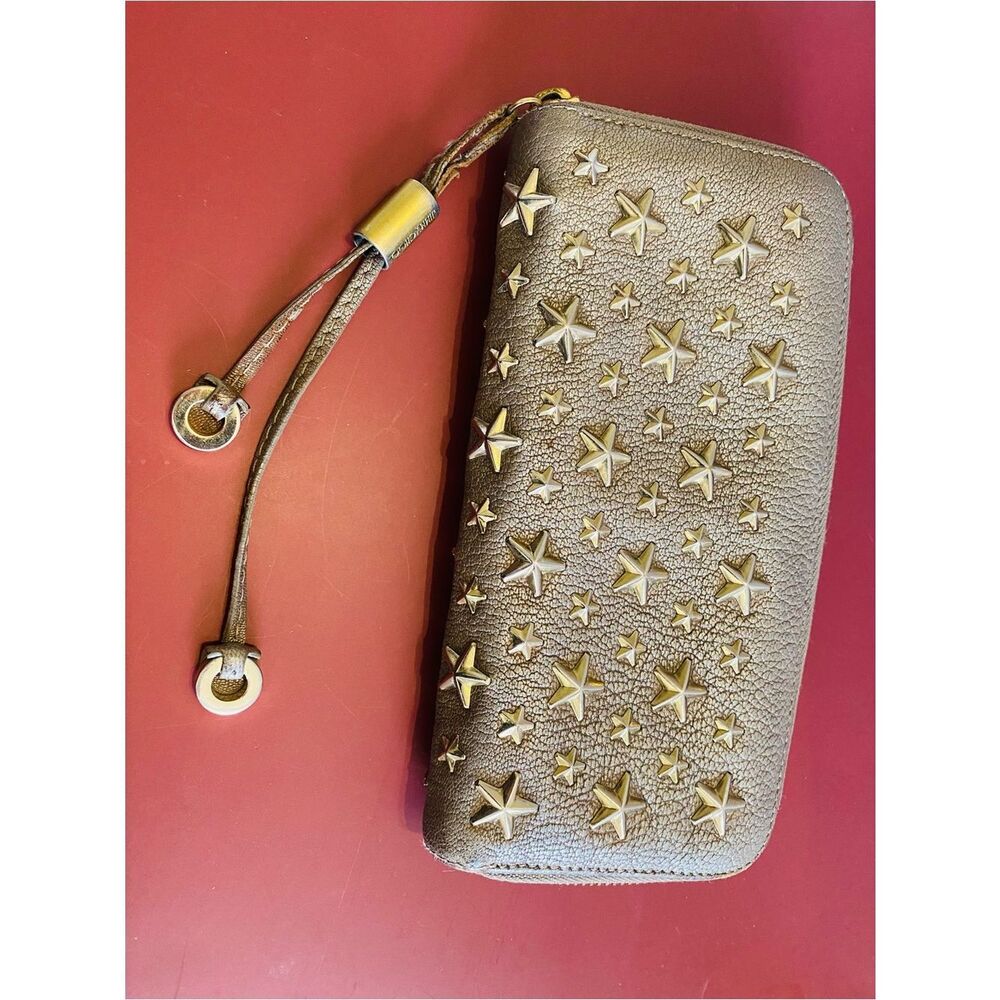 Jimmy Choo Taupe Gold Star-Studded Zip Around Long Wallet Authentic